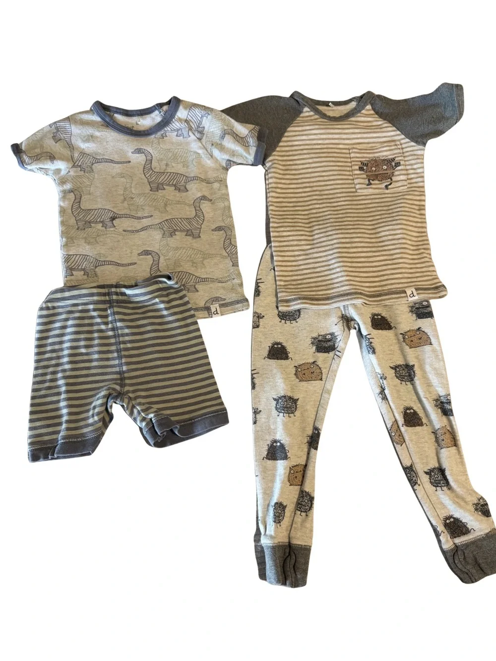 deux par deux Gray & Cream Dino and Monster Pajama sets (2 pairs of PJs bundle)